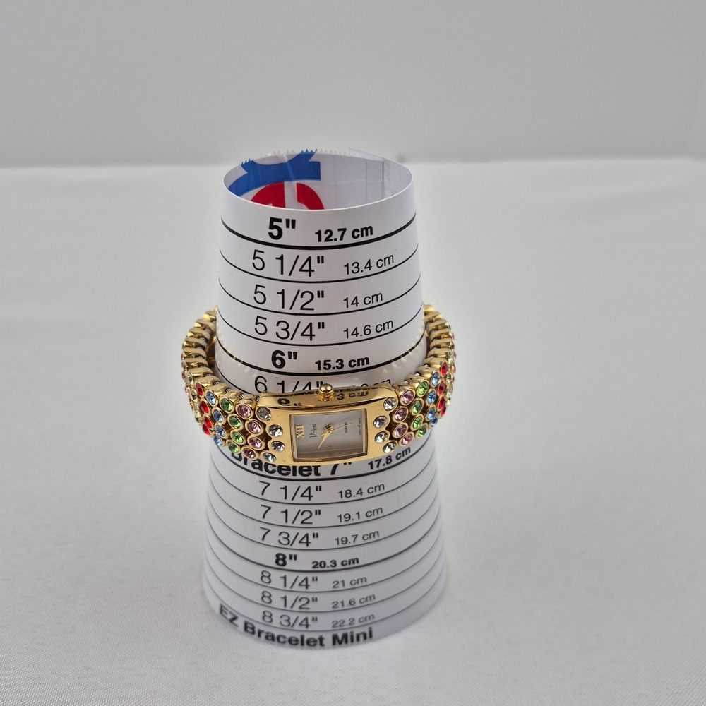 Vivani Rhinestone Cuff Watch Gold Tone Multicolor Japan Movt Vtg Needs Battery - Picture 10 of 11